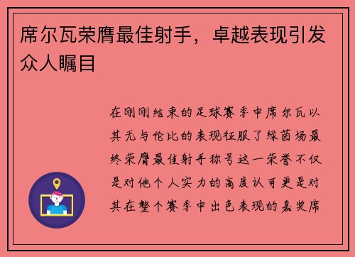 席尔瓦荣膺最佳射手，卓越表现引发众人瞩目